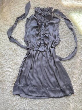 Forever 21 Sleeveless Ruffle Neck Satin Dress in Slate Gray